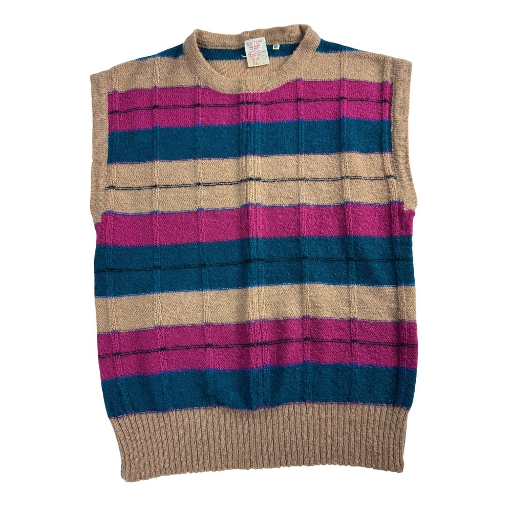 VTG Eaton Striped Sleeveless Sweater Vest Women's Size Medium Tan Pink Teal Knit